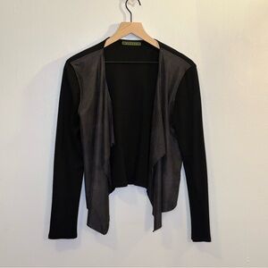 Velvet Black Leather Jacket with Waterfall Collar Medium